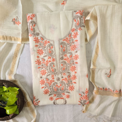 LUCKNOWI- Mul Chanderi White With Orange With Grey Embroidery Design Top And Mul Chanderi Dupatta