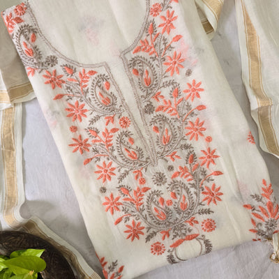 LUCKNOWI- Mul Chanderi White With Orange With Grey Embroidery Design Top And Mul Chanderi Dupatta