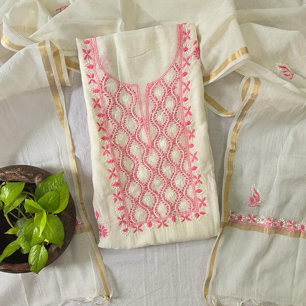 LUCKNOWI- Mul Chanderi White With Pink And White Embroidery Design Top And Mul Chanderi Dupatta