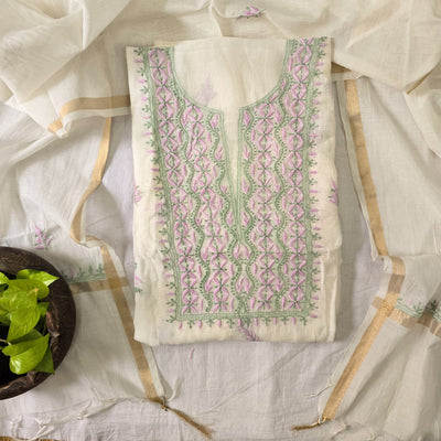 LUCKNOWI- Mul Chanderi White With Purple With Green Embroidery Design Top And Mul Chanderi Dupatta