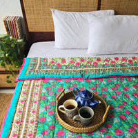 Lily Garden Morning -Pure Mul Cotton Hand Block Printed Reversible Razai Quilt Blanket With Cotton Filling