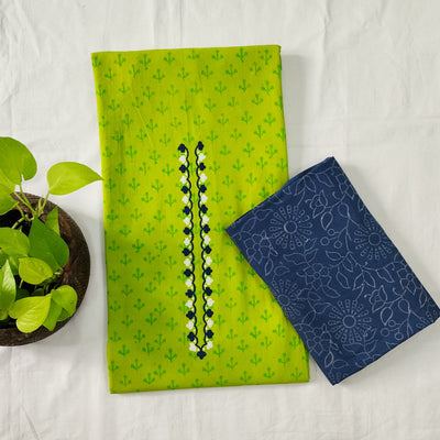 MAAVNI-Pure Cotton Gamthi Green With Blue Neck Emboriderey  With Cotton  Discharge Fabric Bottom