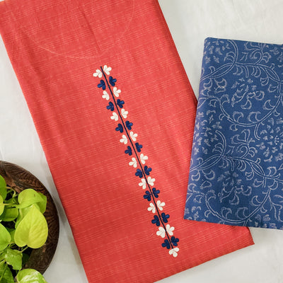 MAAVNI-Pure Cotton Handloom Peach With Blue Neck Emboriderey  With Cotton  Discharge Fabric Bottom