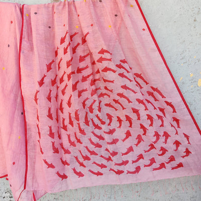 MACHLI-Linen Jamdani Saree Pink And Red