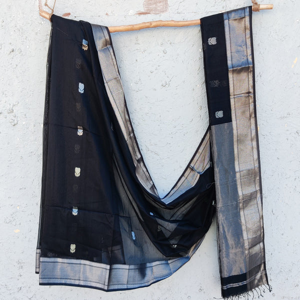 MAHESHWARI - Pure Maheshwari Black With Silver Border Saree