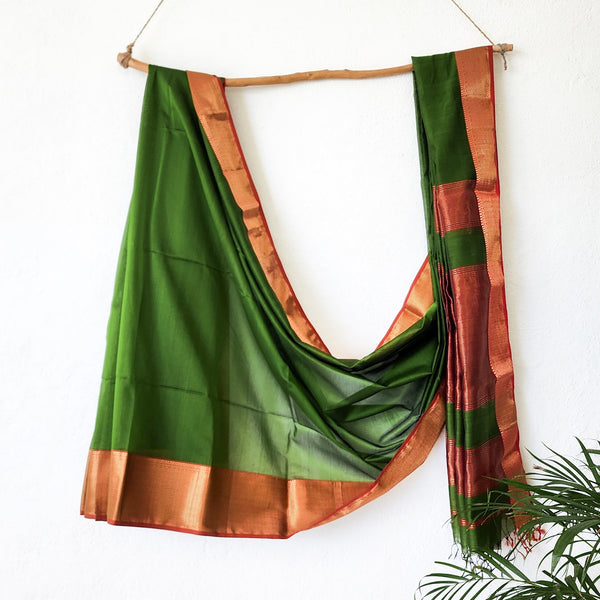 MAHESHWARI-Pure Maheshwari Dark Green With Red Pallu Saree