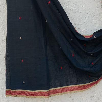 MALKHA-Pure Handloom Black With Cream And Red Saree