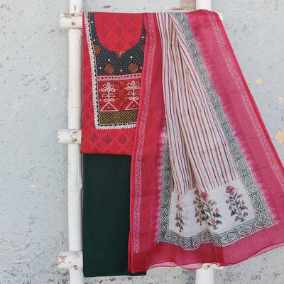 MEERA-Pure Cotton Handloom  Light Pink With Mahindi Green Intricate Design Yoke Top Plain Mahindi Green Bottom And Kota Dupatta