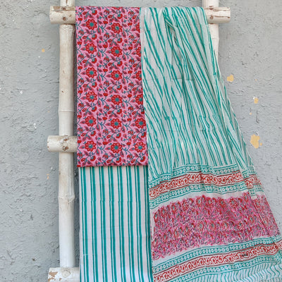 MEERA-Pure Cotton Jaipuri Pink With Red Flower Jaal Top And White With Blue Stripes Bottom And Chiffon Dupatta