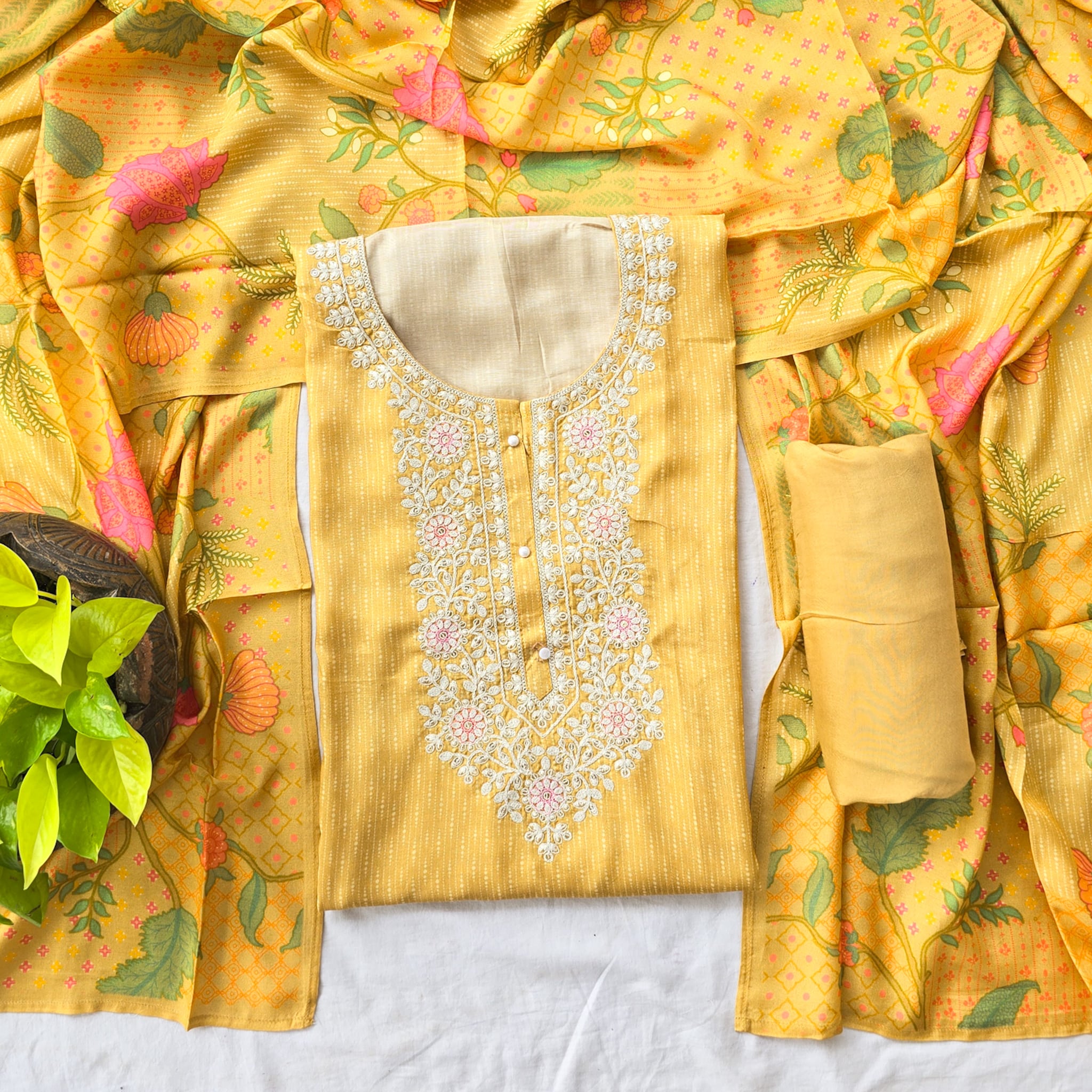 MISHA - Muslin Self Design Top With Embroidered Yoke And Floral Dupatt ...