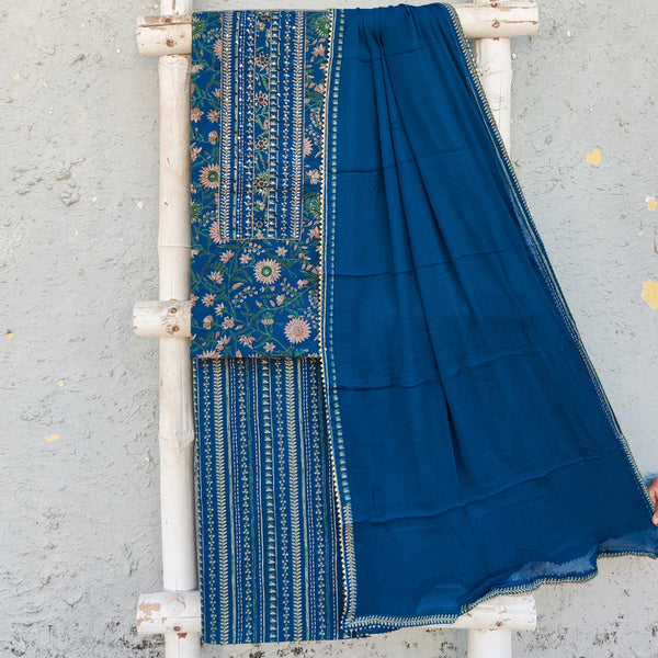 MUDRA-Pure Cotton Blue With Heavy Yoke Top And Pure Cotton Blue With Brown Border Stripes Bottom And Chiffion Dupatta