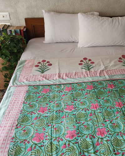 MUGHAL GARDEN - Pure Cotton Soft Hand Block Printed Double Bed Reversible Dohar Blanket