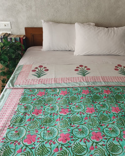 MUGHAL GARDEN - Pure Cotton Soft Hand Block Printed Double Bed Reversible Dohar Blanket