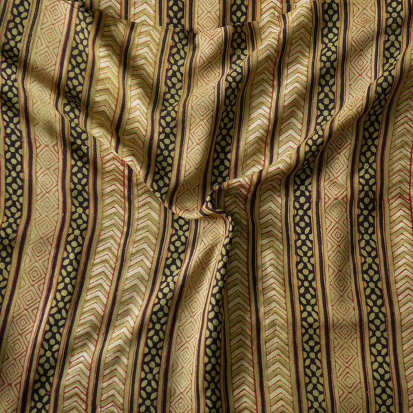 Pre-cut 1 meter Modal Cotton Dabu Arrow Head And Geometry Border Stripes Hand Block Print Fabric
