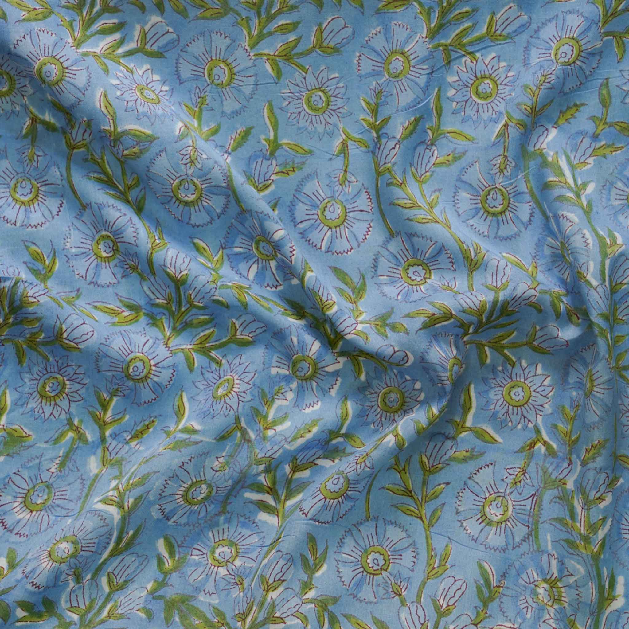 Modal Cotton Jaipuri Blue With Green Jaal Hand Block Print Fabric ...