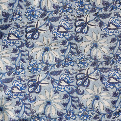 Modal Cotton Jaipuri Blue With Wild Flower Jaal Hand Block Print Fabric
