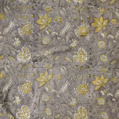 Modal Cotton Jaipuri Grey With Yellow Flower Jaal Hand Block Print Fabric