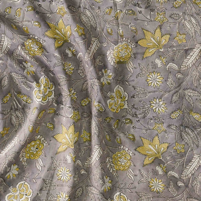 Modal Cotton Jaipuri Grey With Yellow Flower Jaal Hand Block Print Fabric
