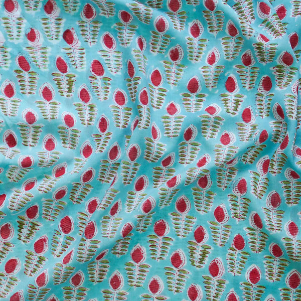 Modal Cotton Jaipuri Light Blue With Pink Flower Bud Motifs   Hand Block Print Fabric