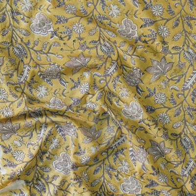 Modal Cotton Jaipuri Mustard With Grey Flower Jaal Hand Block Print Fabric