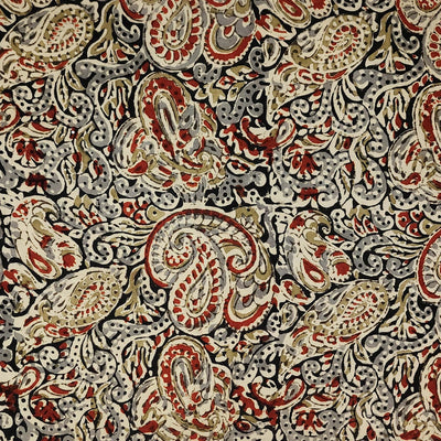 Modal Cotton Kalamkari Black With Mustard And Rust Red Kairi Jaal Hand Block Print Fabric