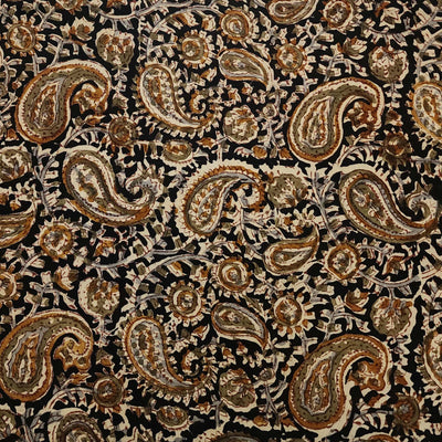 Modal Cotton Kalamkari Black With Mustard Kairi Hand Block Print Fabric