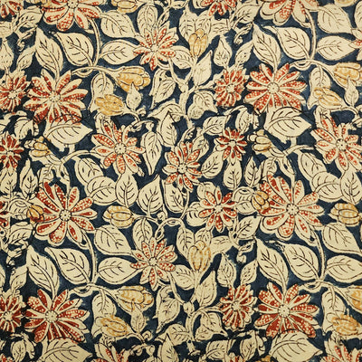 Modal Cotton Kalamkari Blue With Cream And Red Flower With Leaves Jaal Hand Block Print Fabric