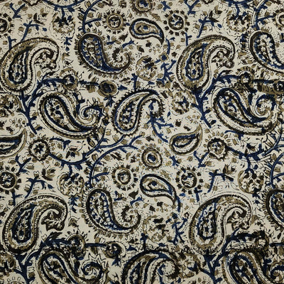Modal Cotton Kalamkari Cream With Blue Kairi Hand Block Print Fabric