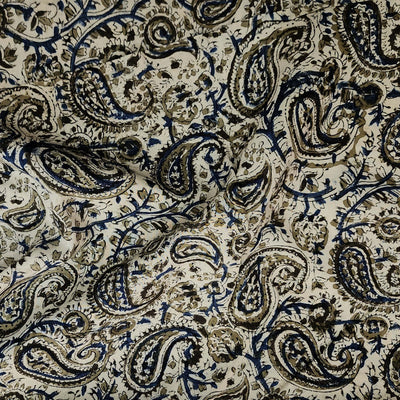 Modal Cotton Kalamkari Cream With Blue Kairi Hand Block Print Fabric