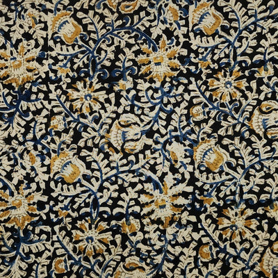 Modal Cotton Kalmkari Blue With Mustard Flower Jaal Hand Block Print Fabric