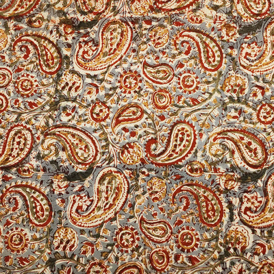 Modal Cotton Kalmkari Grey With Rust Red And Mustard Kairi Hand Block Print Fabric