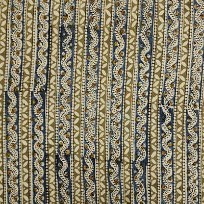 Modal Cotton Kalamkari Rust Blue With Cream Border Design Stripes Hand Block Print Fabric