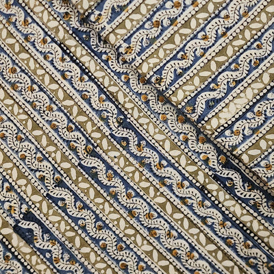 Modal Cotton Kalamkari Rust Blue With Cream Border Design Stripes Hand Block Print Fabric