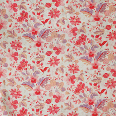 Slub Linen  White With Peach And Light Brown Floral Flower Jaal Hand Block Print Fabric