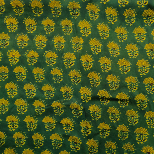 ( Pre-Cut 1.95 Meter ) Modal Silk Ajrak Dark Green With Yelow Green Plant Hand Block Print Fabric