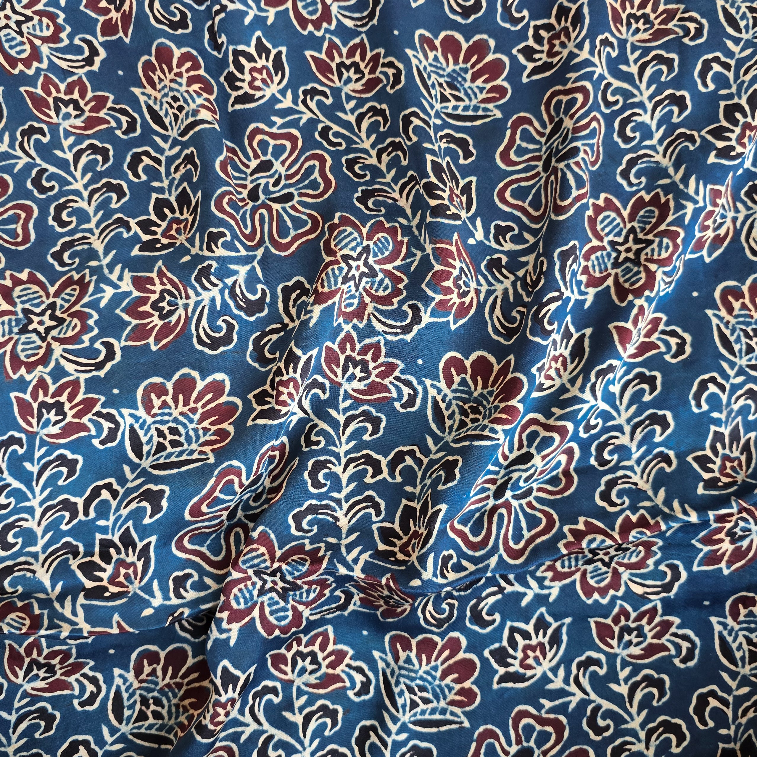 Modal Silk Blue With Red Flower Jaal Design Fabric – Sanskruti