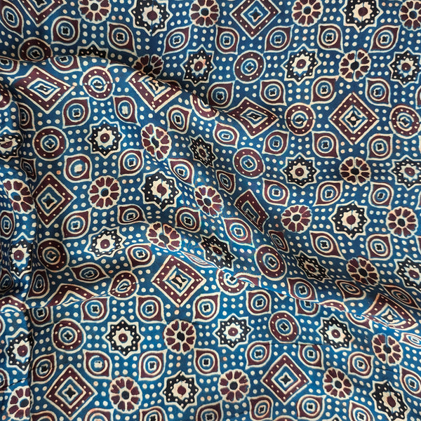 (PRE-CUT 1.45 METER) Modal Silk Blue With Red Intricate Design Fabric