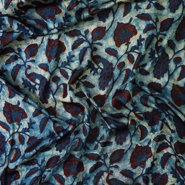 ( Pre-Cut 2 Meter )Modal Silk Vanaspati Blue With Maroon And Blue Wild Jaal Hand Block Print Fabric