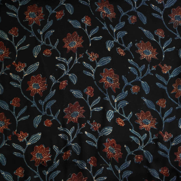 ( Pre-Cut 1 Meter ) Modal Silk Vanaspati Dull Black With Maroon Blue Floral Jaal Hand Block Print Fabric
