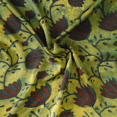 Modal Silk Vanaspati Green With Maroon Big Lotus Jaal Hand Block Print Fabric