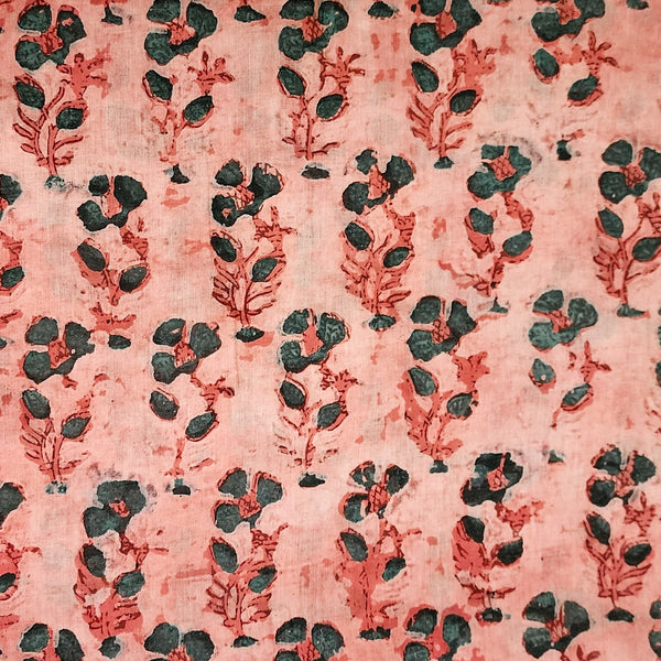 PRE-CUT 1 METER Mul Pure Cotton Bagru Prach With Dark Green Lily Flower Motifs Hand Block Print Fabric