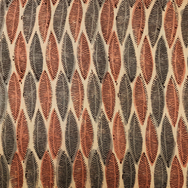 Pre-Cut 1.5 Meter Mul Pure Cotton Cream With Red And Grey Leave Hand Block Print Fabric