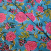 ( Blouse  Piece 1.45 meter) Mul Pure Cotton Jaipuri Blue With Pink And Green Rose Jaal Hand Block Print Fabric