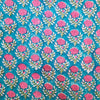 Mul Pure Cotton Jaipuri Blue With Pink Flower Motifs All Over Hand Block Print Fabric