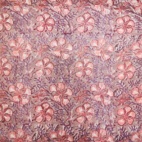 ( Pre-Cut 1.60 Meter ) Mul Pure Cotton Jaipuri Chicku Brown With Baby Pink Hibiscus Flower Jaal Hand Block Print Fabric