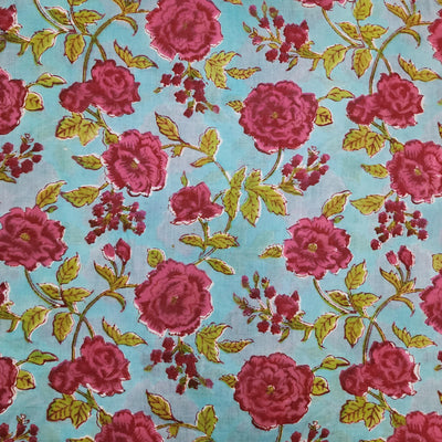 ( Pre-Cut 1.58 Meter ) Mul Pure Cotton Jaipuri Light Blue With Dark Pink And Light Green Jaal Hand Block Print Fabric
