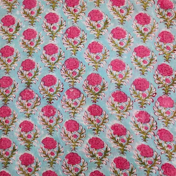 ( Pre-Cut 1 Meter ) Mul Pure Cotton Jaipuri Light Blue With Pink And Green Flower Motifs Hand Block Print Fabric