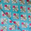 Mul Pure Cotton Jaipuri Light Blue With Pink Flower Motifs Hand Block Print Fabric