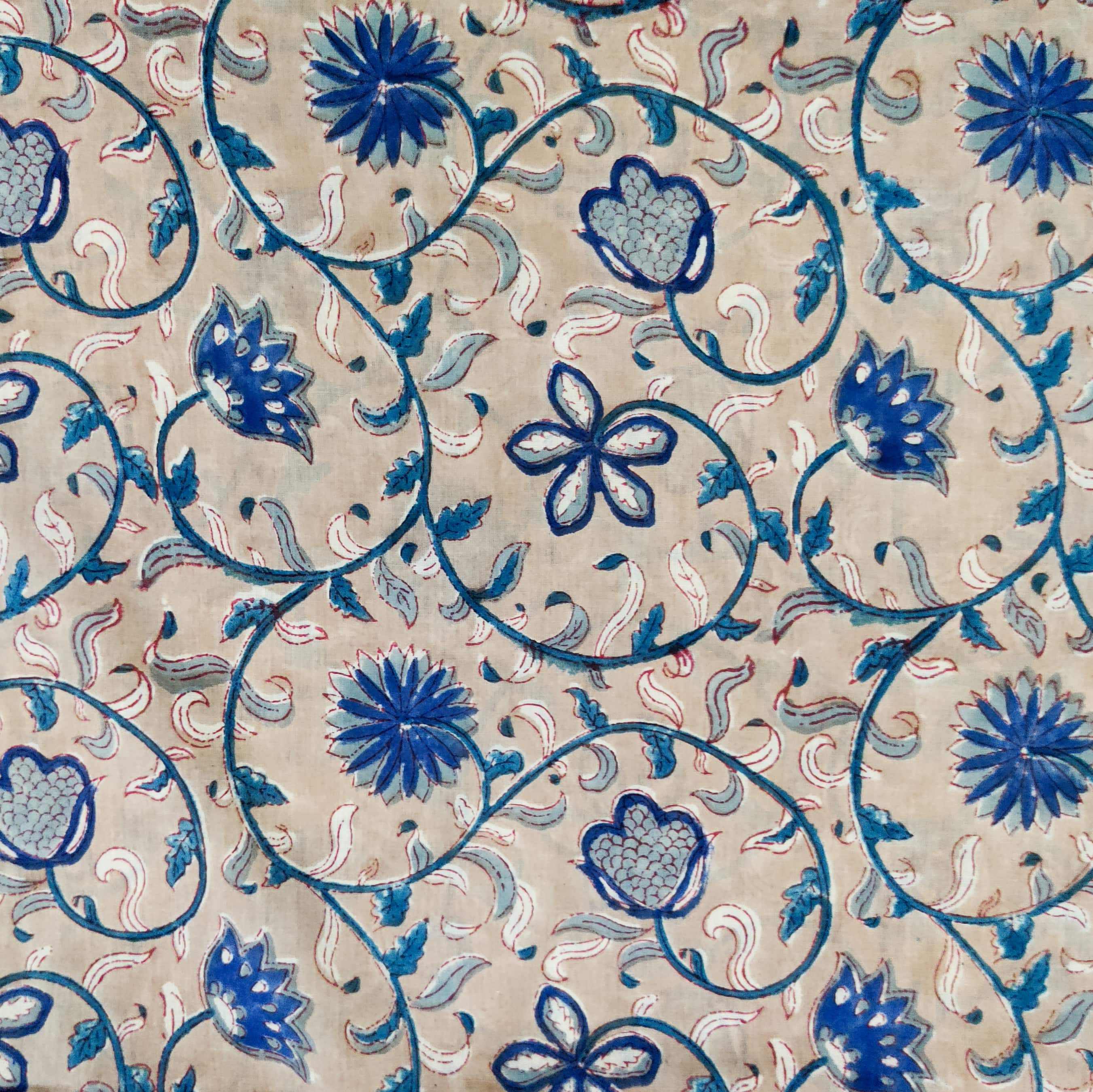 ( Pre-Cut 1 Meter ) Mul Pure Cotton Jaipuri Light Brown With Blue Jaal ...
