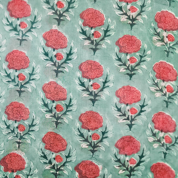 Pre-cut 1 meter Mul Pure Cotton Jaipuri Light Green With Peach Flower Motifs Hand Block Print Fabric
